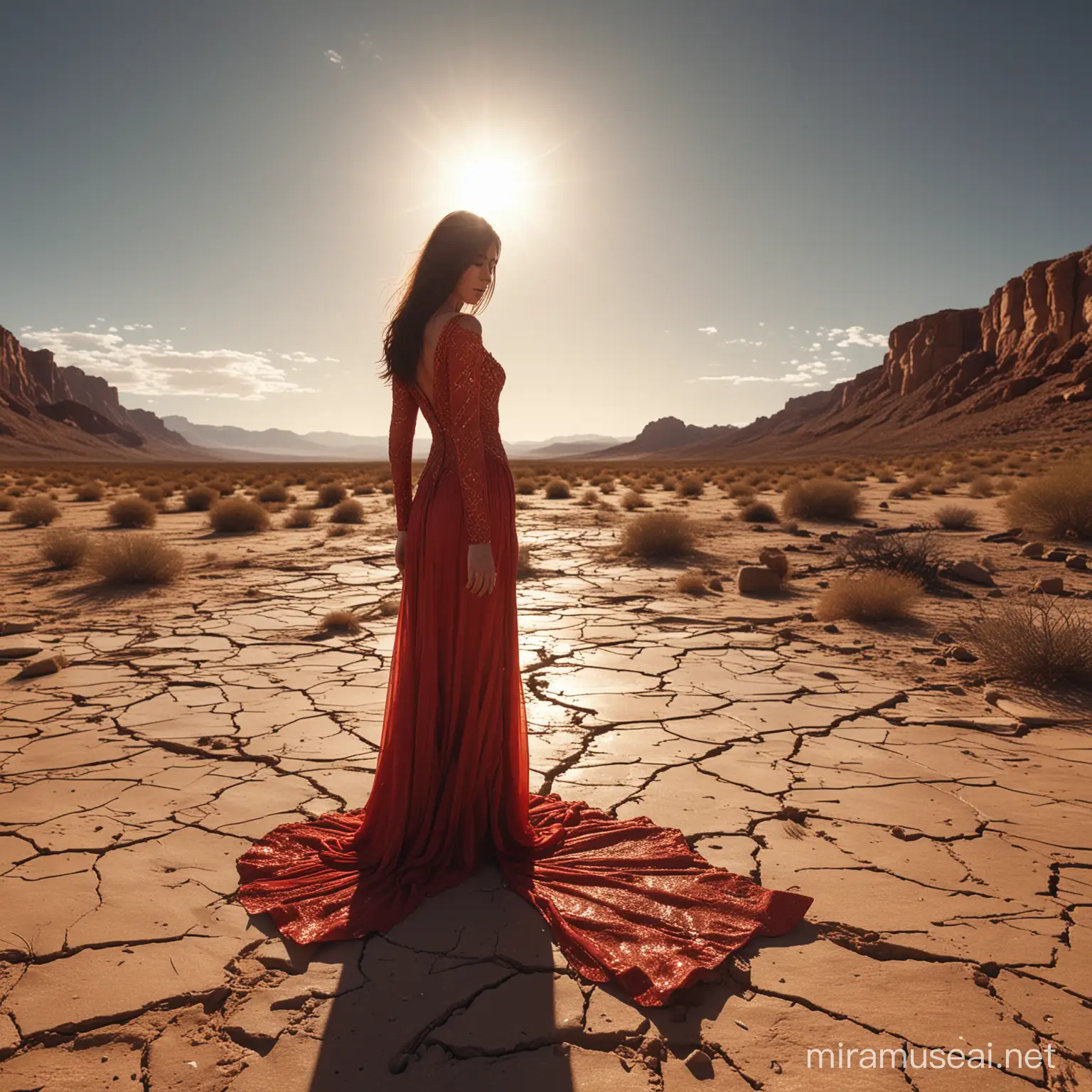 A woman with intricate golden red-dress is standing in a desert. The woman whose face has no eyes, nose and mouth is looking at the reflection of her face on a piece of sky held in her hand that has fallen from the sky. Above the woman, the sky is cracked and pieces of sky fallen to the ground. Cinematic, ambient lighting, dramatic and highly detailed. In the style of fantasy art. --c 10 --v 6.0 --s 150 --ar 16:9
