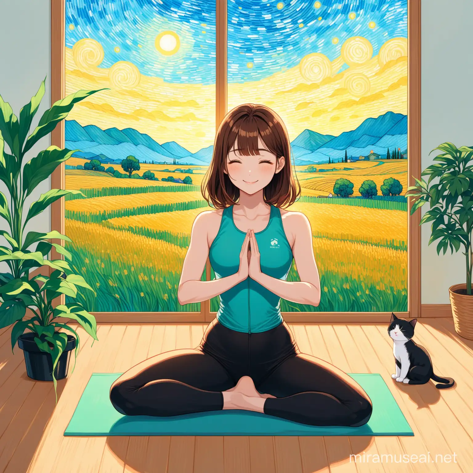 Drawing of one cute Asian young adult, brown hair, wearing fitness outfits, perfect body, she has refreshing innocent visual, she is doing a yoga pose, a cute cat beside her, the expression is smile, she is an INFJ so make sure able to express her peaceful attitude. The background is inside minimalistic room, make sure there is a fresh plant. Landscape. Best quality. The painting looks like created by Van Gogh style.
