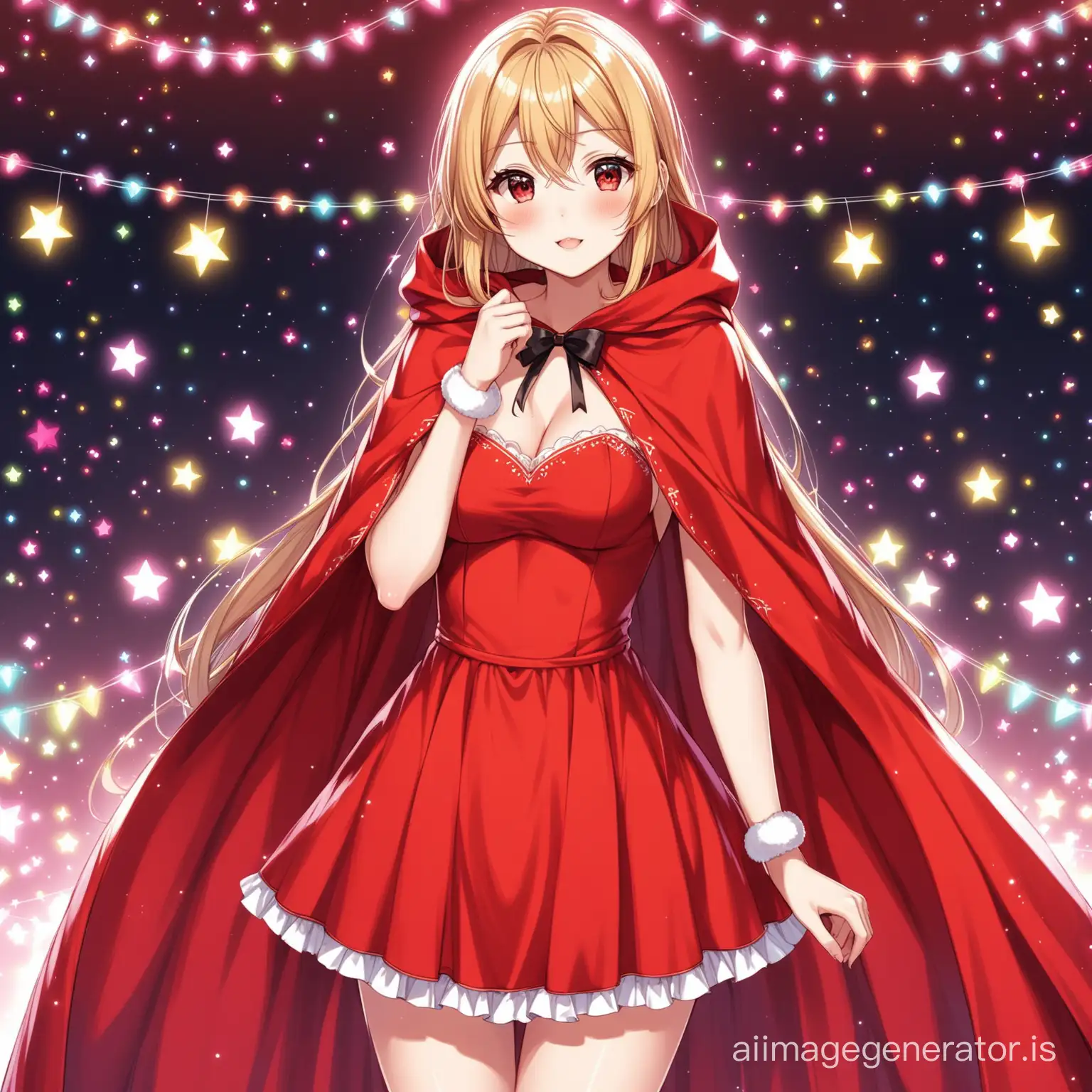 hot anime girl in a cute party dress wearing a long red cape