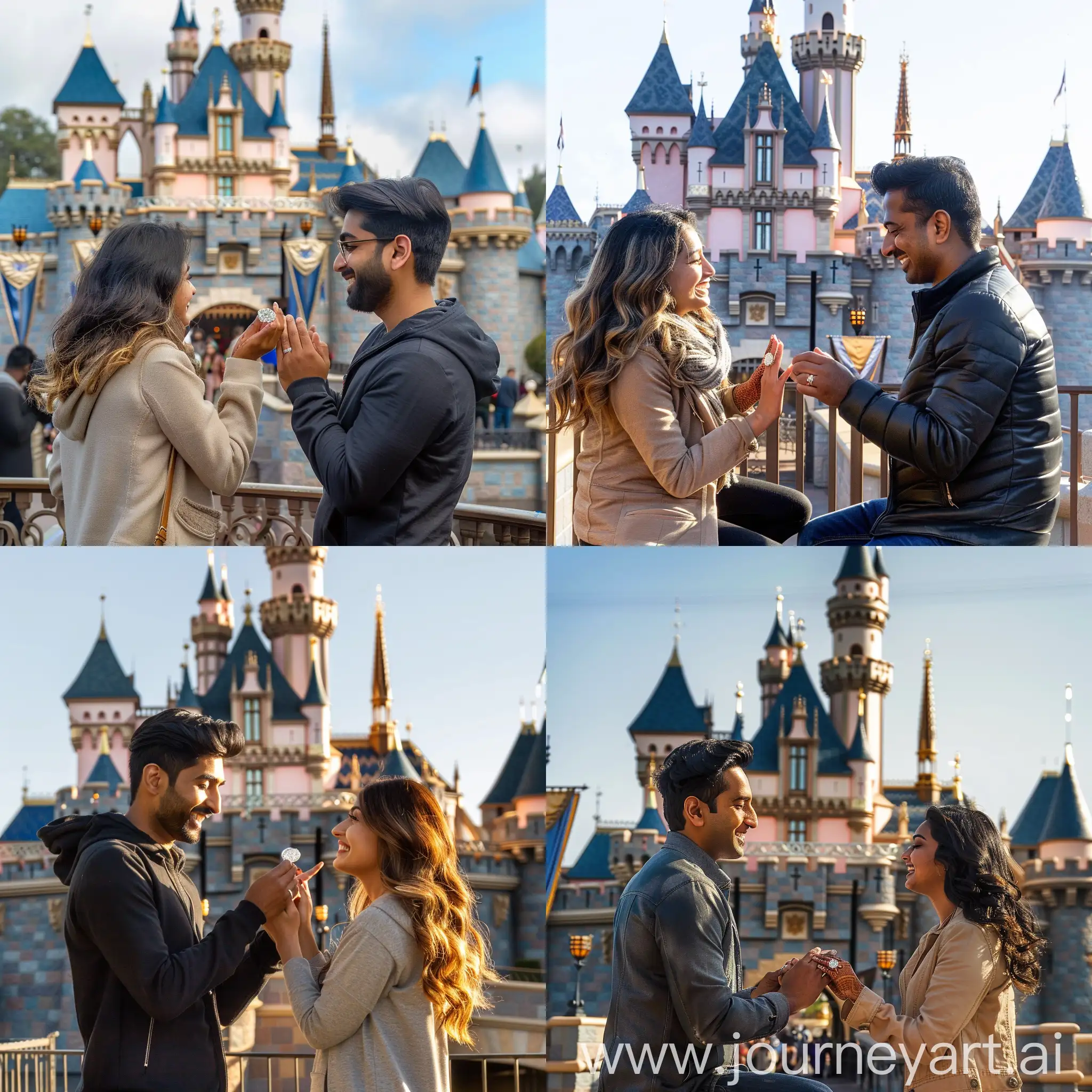 A handsome Indian man proposing to his indian girlfriend with wavy hair in front the Disneyland iconic castle with a shiny diamond ring
