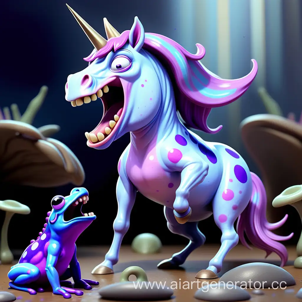 A unicorn horse screams next to a blue frog with purple spots on its body
