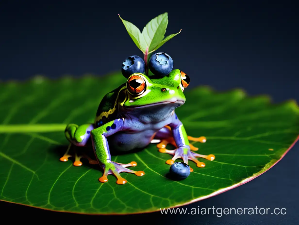 Adorable-Frog-Perched-on-Leaf-with-Playful-Blueberry-Hat