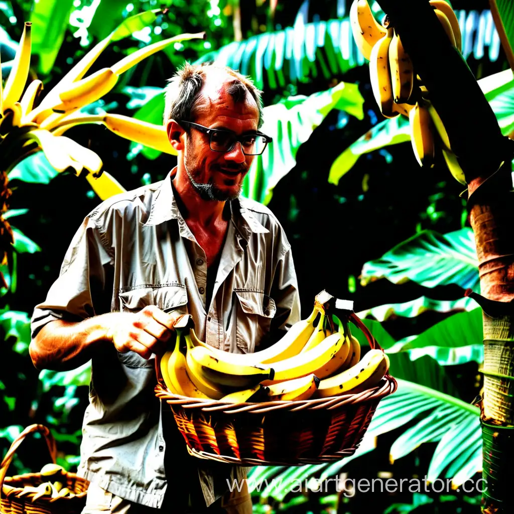 Человек в очках в джунглях собирает бананы в корзину