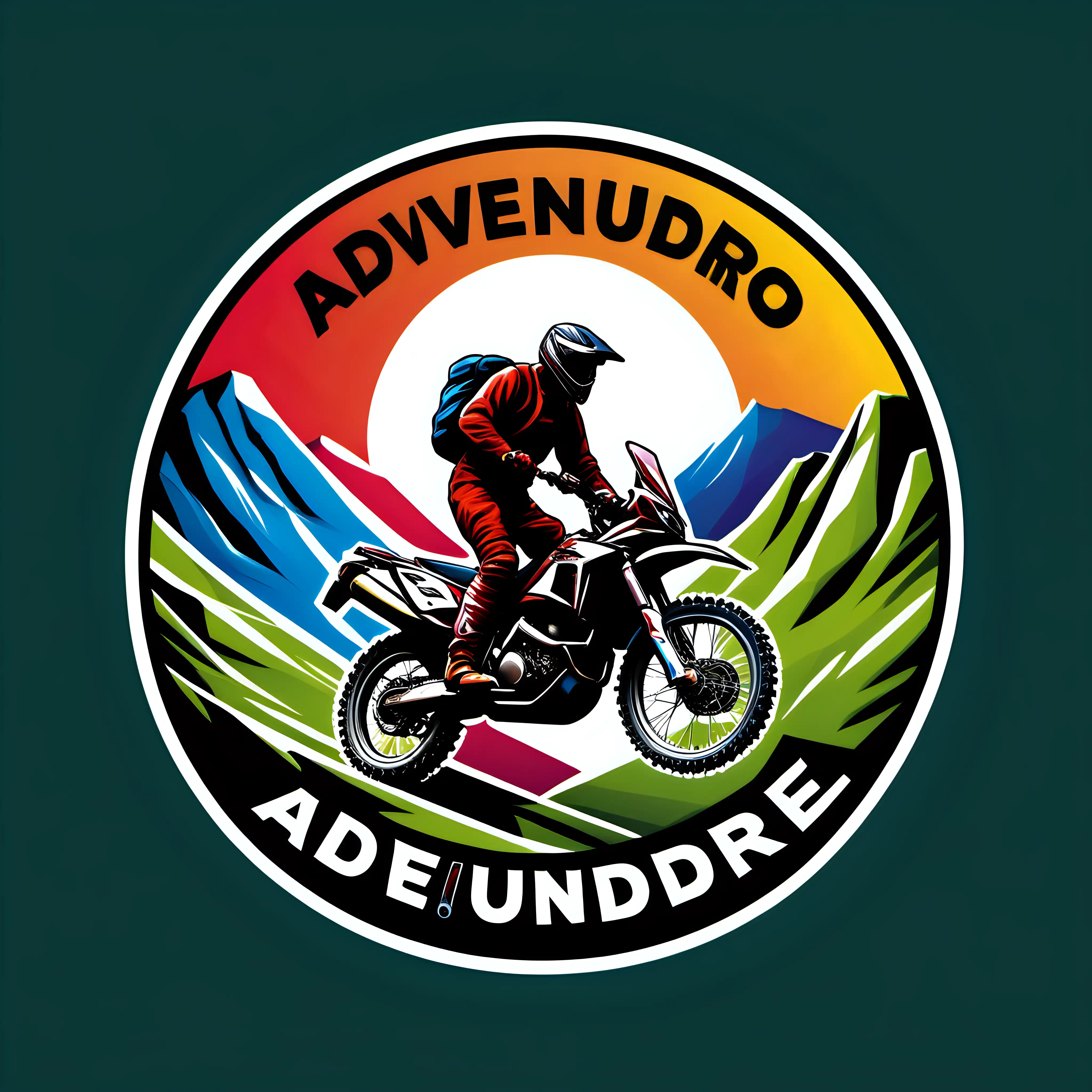 A vivid round logo with the word ADVENDURO in it, that shows a rally motorbike and a rider climbing a mountain.