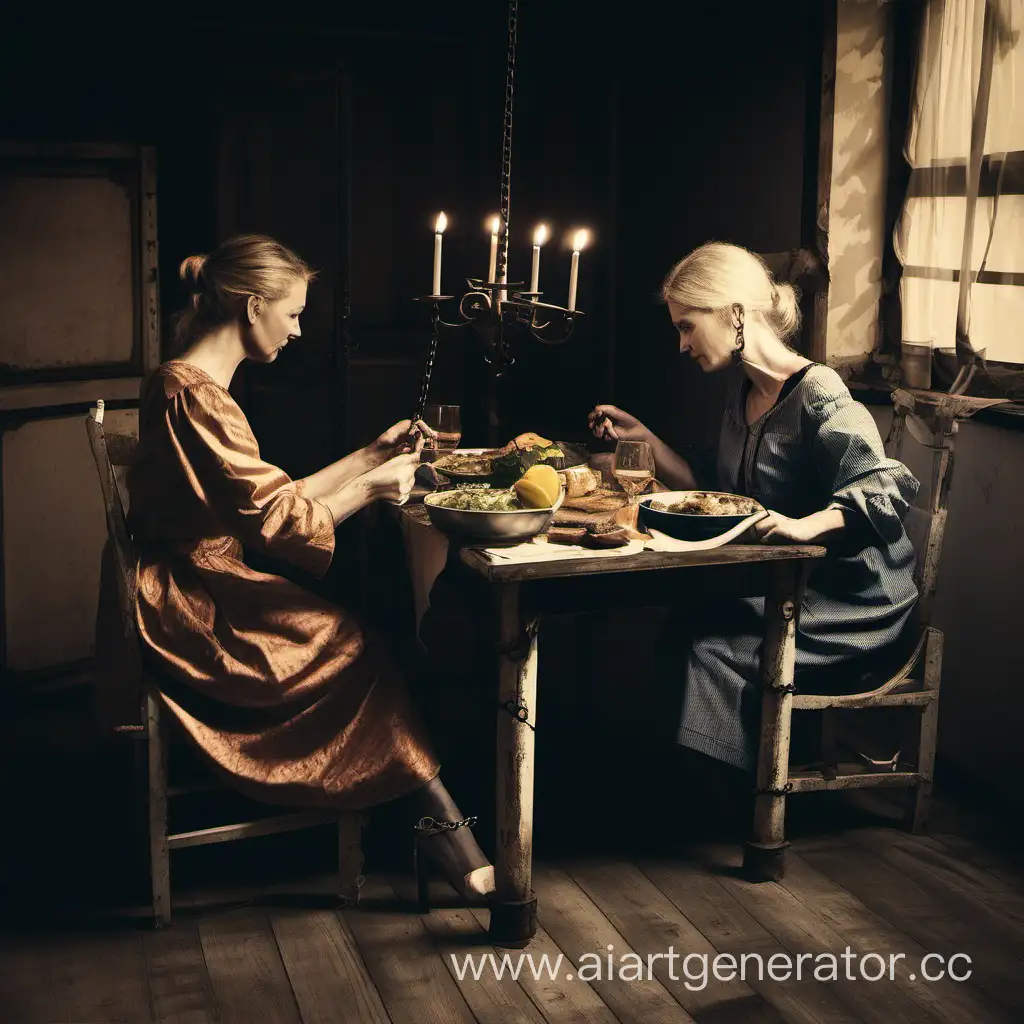 Две женщины ужинают за столом. Старая прикована цепью к ноге. Частный дом. 