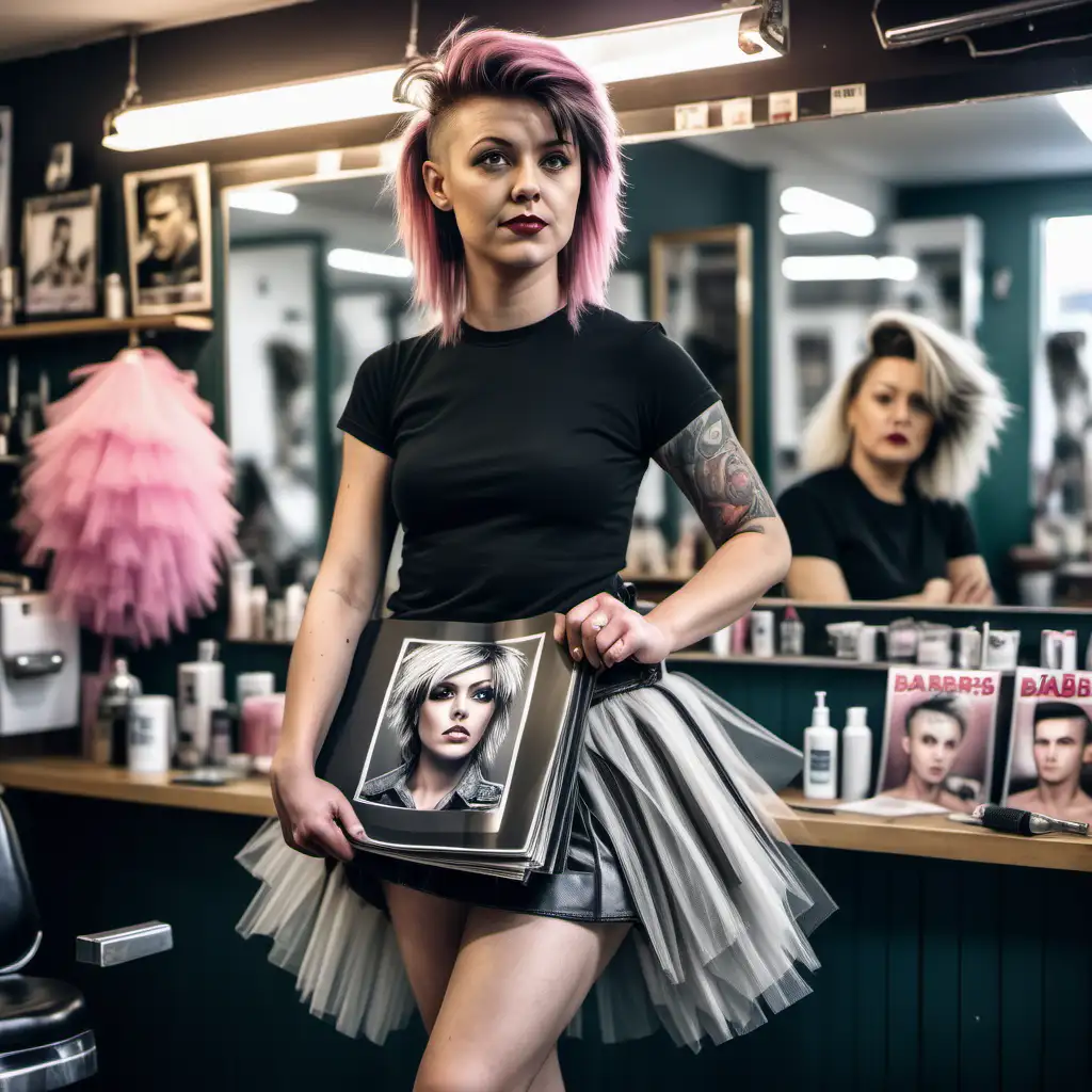 A 32 year old woman with a modern mullet haircut is standing in a busy barbers shop. She has a magazine under her arm. She is wearing combat boots and a tutu.