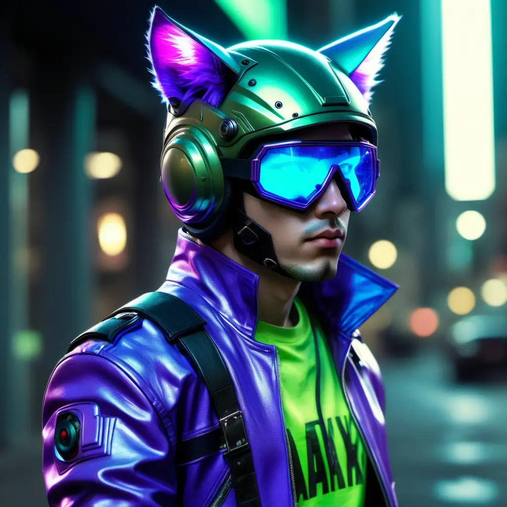 Photorealistic cyberpunk guy wearing a motorbike helmet with purple fake cat ear, neon blue jacket, oakly green glass
