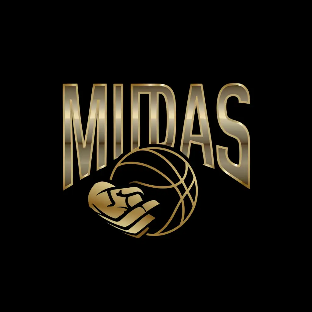 a logo design,with the text "MIDAS
NBA", main symbol:A Gold hand with a basketball, 5 fingers, black background.,complex,be used in Sports Fitness industry,clear background