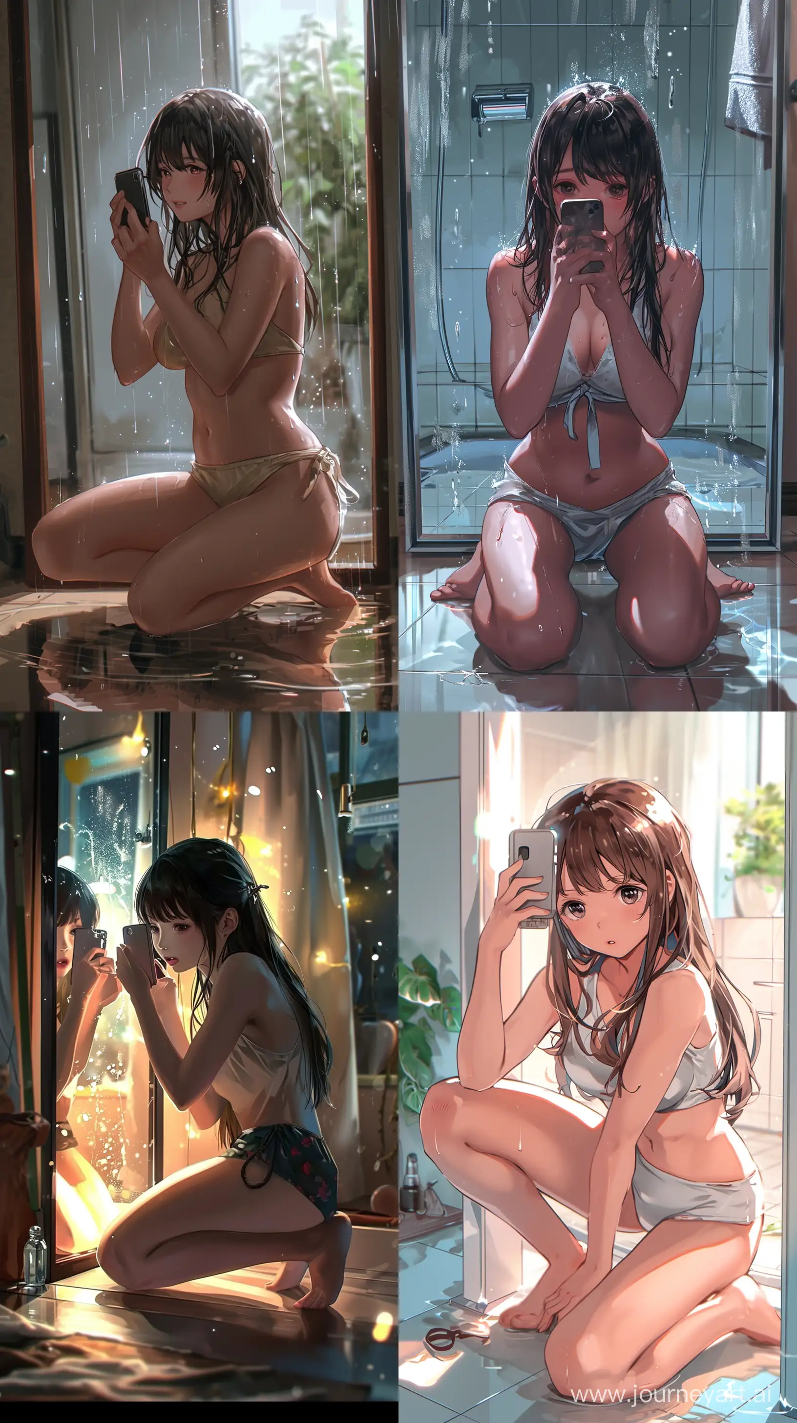 splash art, anime characters, a girl kneel down in front of a mirror and take a selfie, crazy pose, best quality, beautiful, full shot, cute  --v 6 --ar 9:16

