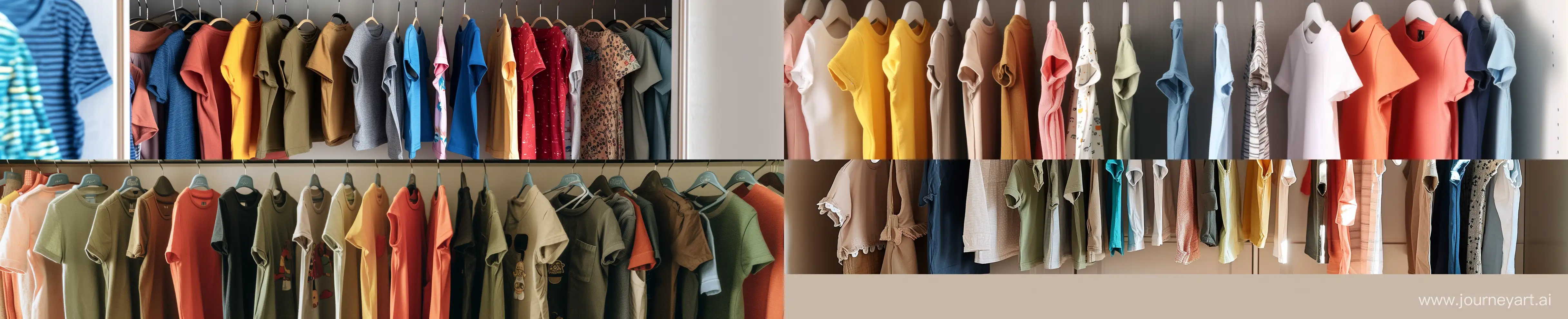 children's clothes are hung on hangers in the closet, only the inside of the closet can be seen in full width with clothes hanging, short-sleeved t-shirts and pants are also hung, and girls' and boys' clothes, earth-colored, lighter pieces on the left side, and already colorful, --aspect 44:9