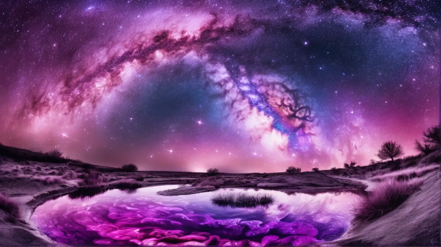 Vibrant Pink and Purple Pond Waters Rippling Under a Celestial Galaxy Sky