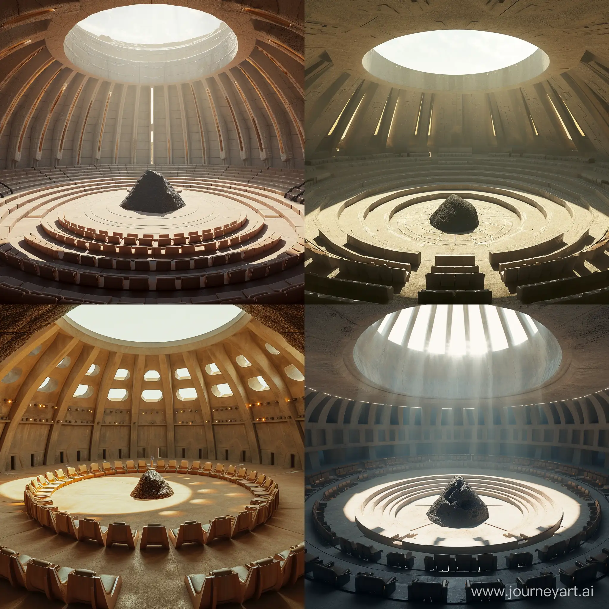 A temple to the moon. The view is from the main entrance. It is a small but tidy circular hall. The seats are placed in a circle around the central altar. The altar is a black lump of rock. It is day and sunlight is coming in from a ring of windows in the dome.