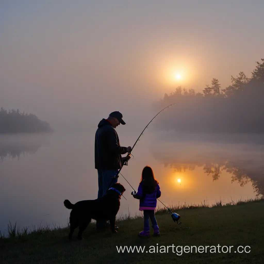 папа и дочь на рассвете туман рыбалка собака