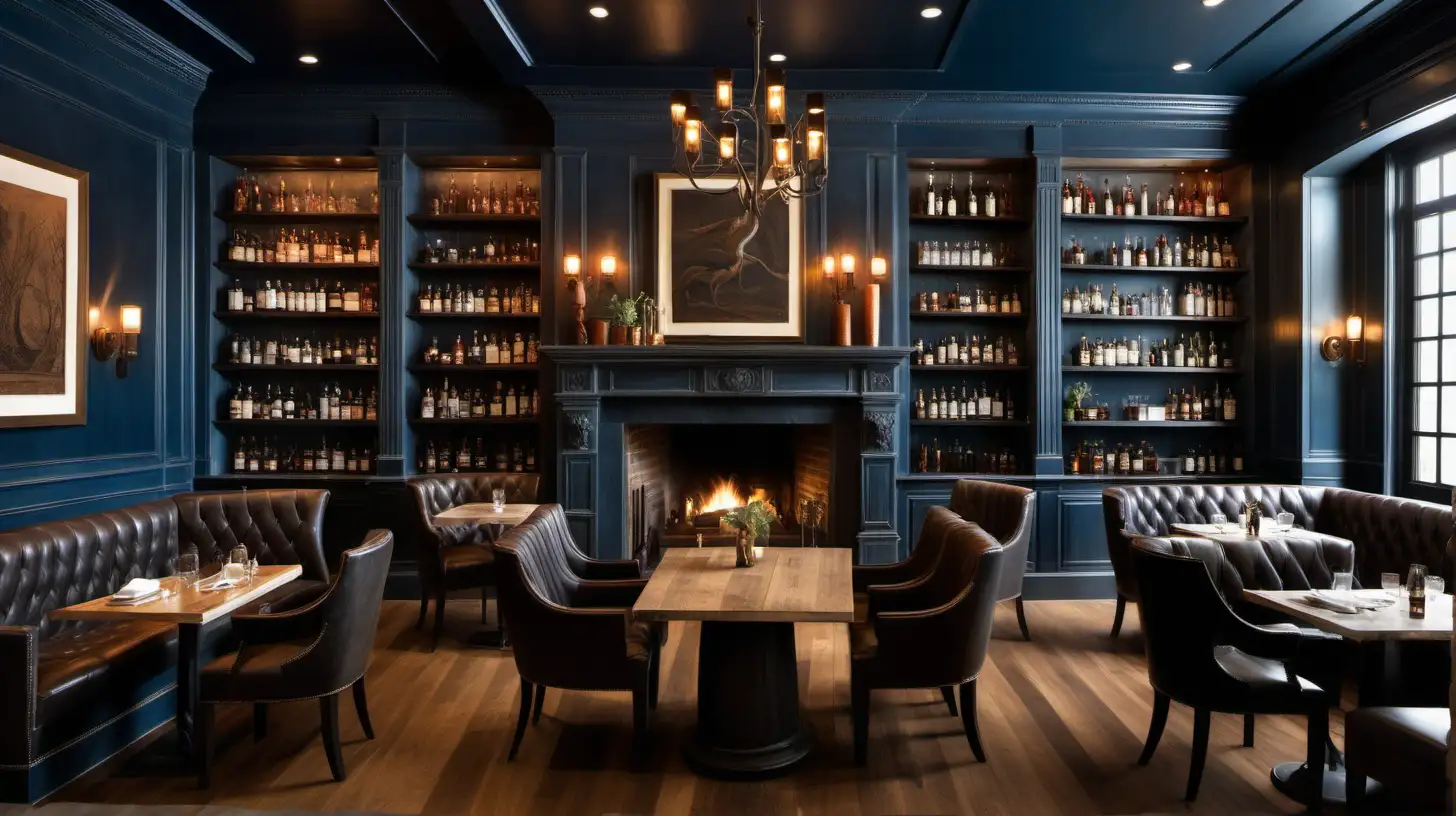 european style restaurant bar area with large whiskey library, ladder, deep grey blue reeded walls, and cast stone fireplace. Leather chairs and channel stitching leather benches, wood floors, plants, warm tones, people eating and drinking