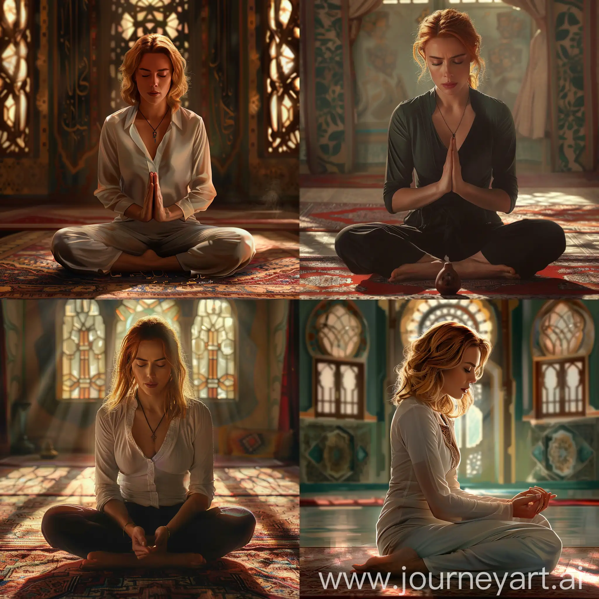 "Generate an AI image depicting Scarlett Johansson in a scene where she respectfully performs the act of namaz (Islamic prayer), emphasizing a serene atmosphere and cultural inclusivity. Ensure the portrayal is respectful and considerate of diverse perspectives."





