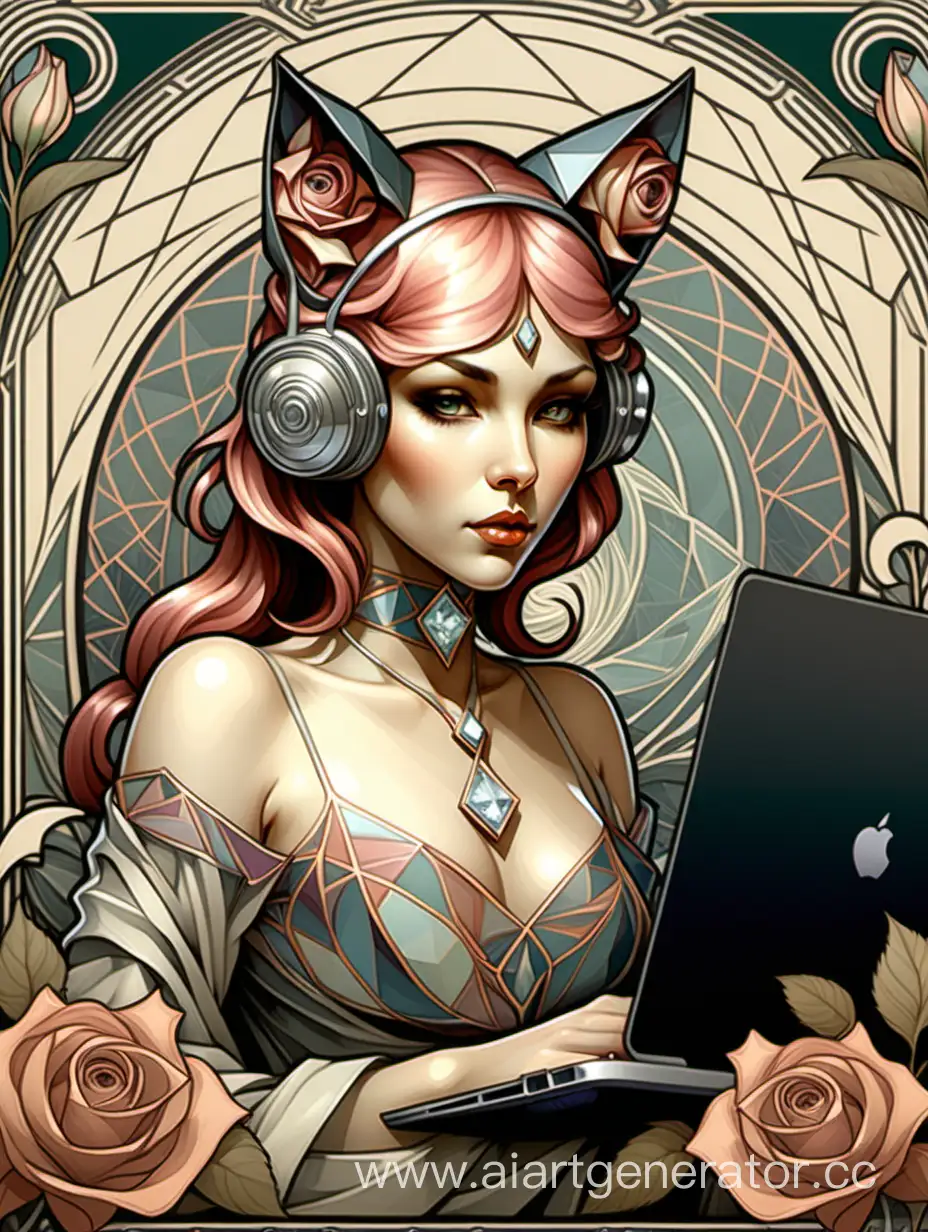 Modern-Secession-Style-Portrait-of-CatEared-Woman-Holding-Laptop-and-Notebook