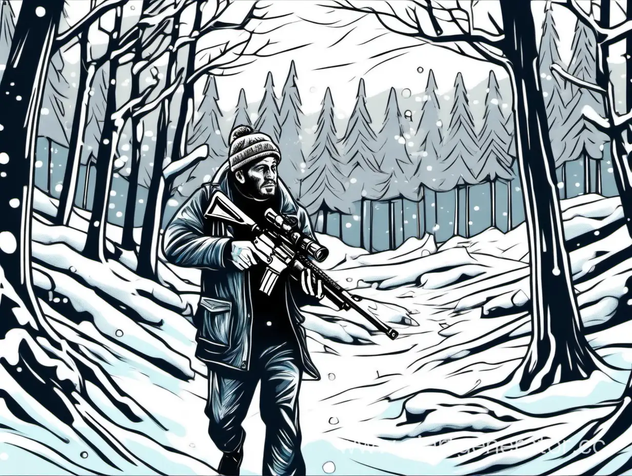 Мужчина с винтовкой в зимнем лесу в рисованном стиле