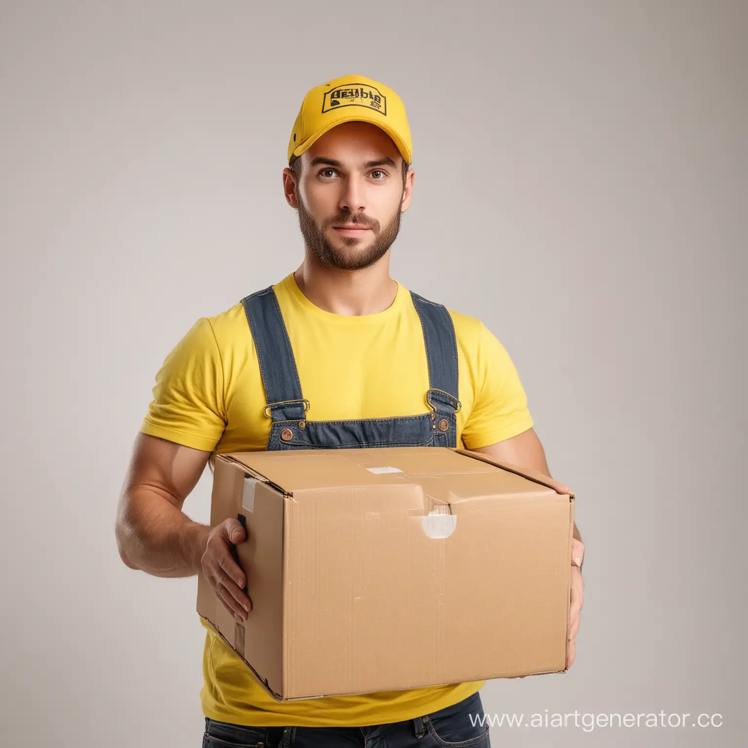 грузчик лет 30 в желтой кепке с коробкой в руках на белом фоне