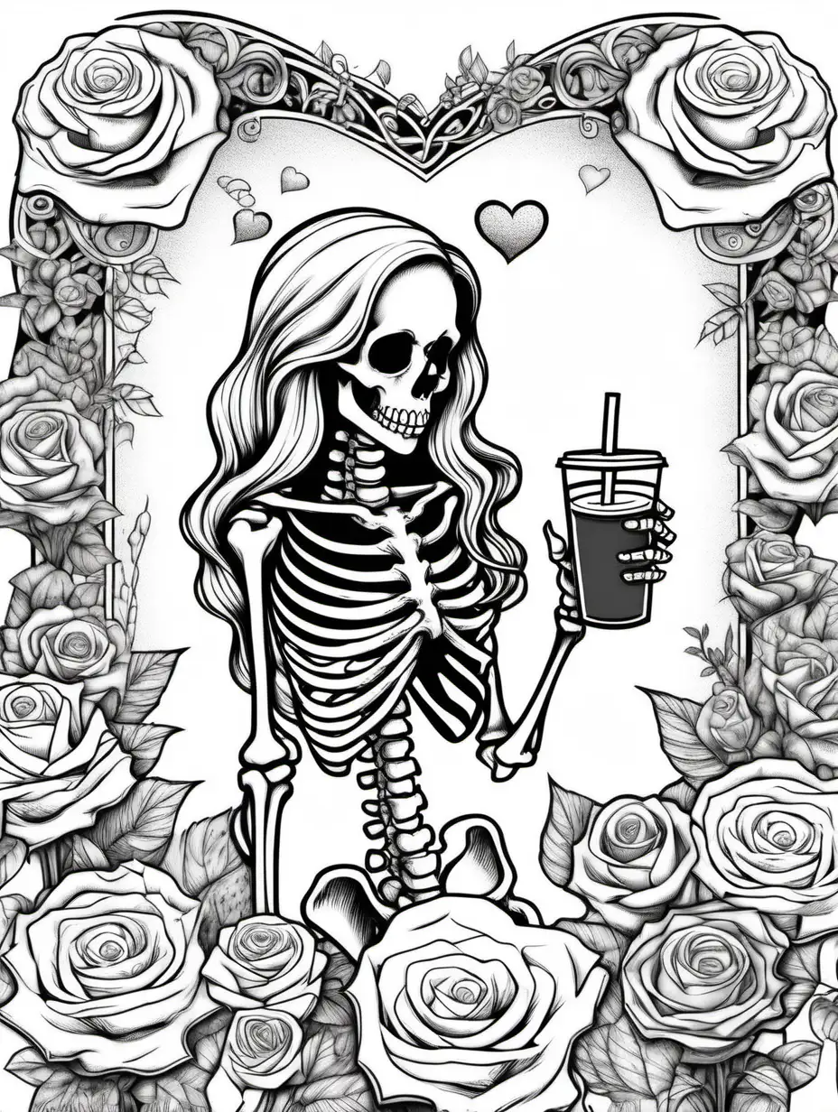 A Valentine’s Day themed coloring book style drawing female skeleton with four fingers and thumb drinking large iced coffee  while reading. Add roses and hearts. All graphics are contained within a frame border
