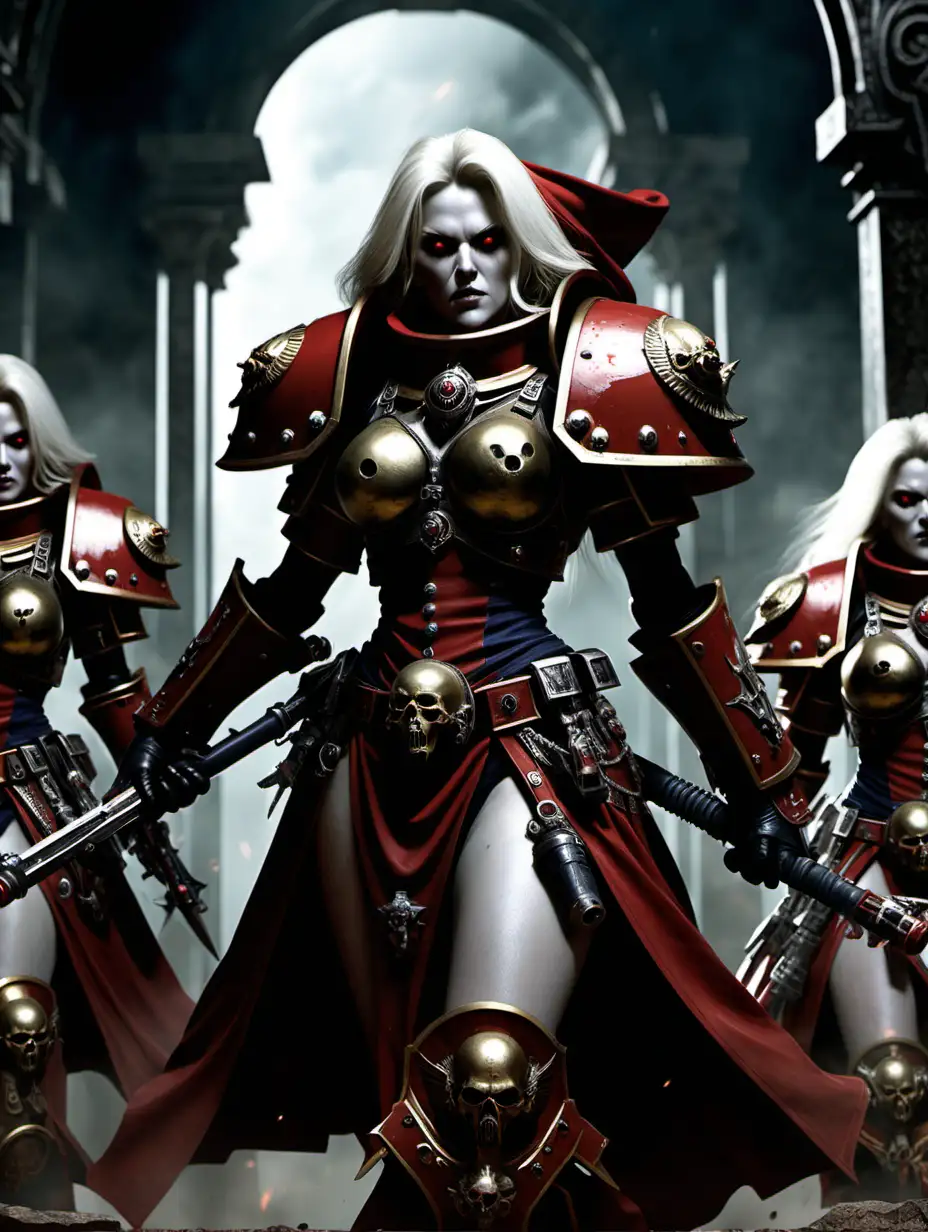 (cinematic lighting), The Adepta Sororitas are character in Warhammer 40000, also known as the Sisters of Battle, are an elite sisterhood of warriors raised from infancy to adore and worship the Emperor of Mankind. Their fanatical devotion and unwavering spiritual purity is a bulwark against corruption, heresy and alien attack, and once battle has been joined they will stop at nothing until their enemies are utterly crushed, intricate details, detailed face, detailed eyes, hyper realistic photography,