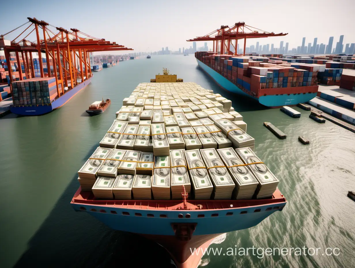  большой морской контейнер заполненный кучей долларов, в огромном грузовом порту