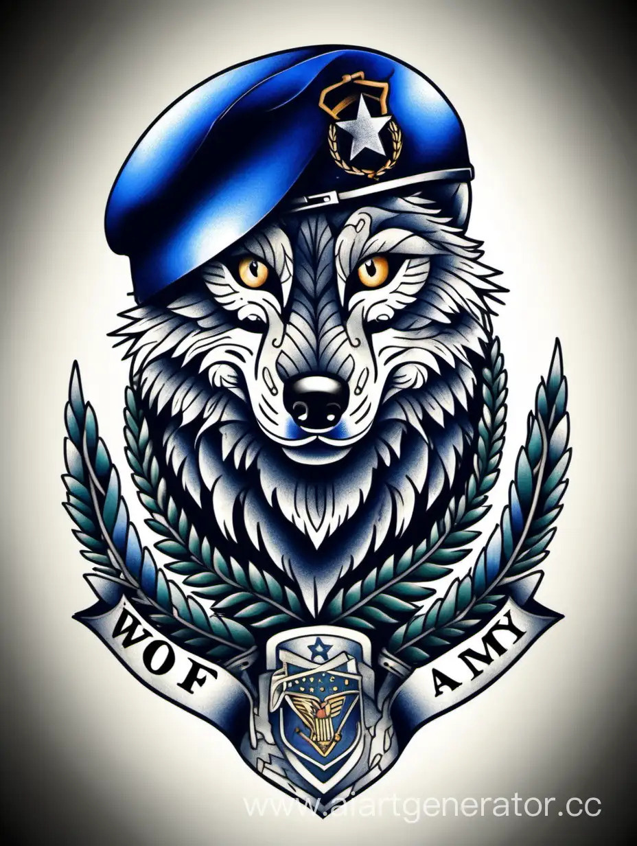 Fierce-Wolf-with-Army-Tattoo-Sporting-a-Blue-Beret
