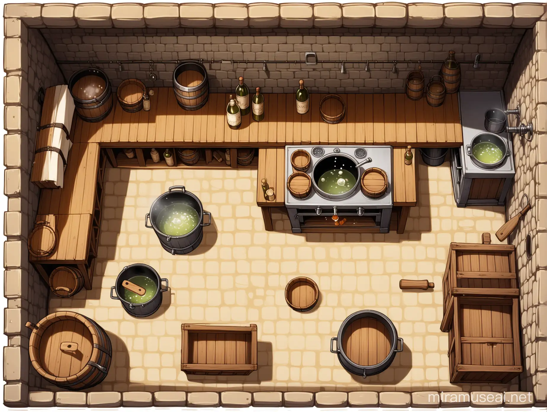 Medieval Kitchen Scene with Oven Cauldron and Pantry
