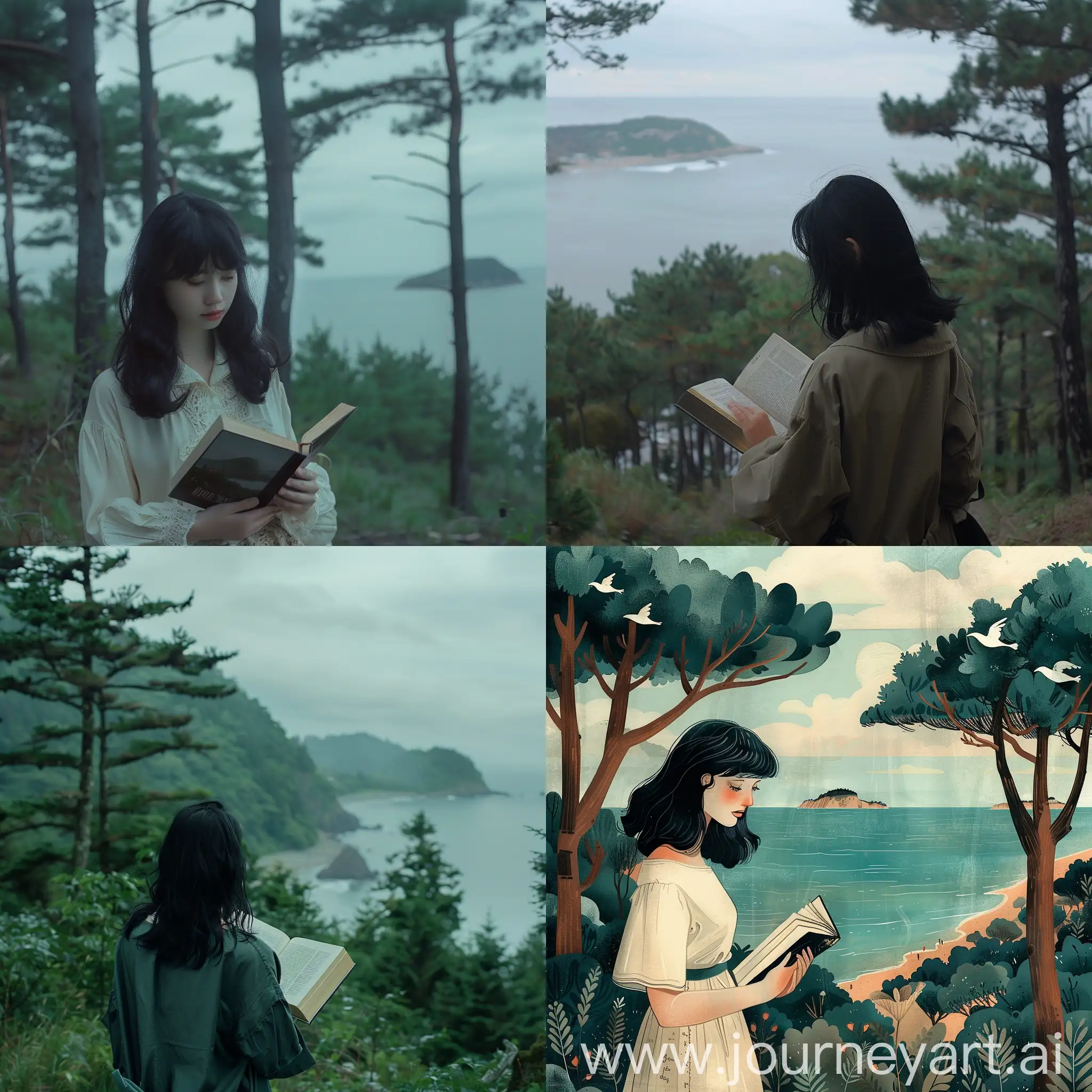 woman with black hair reading a book in a forest close to the sea ina cloud day
