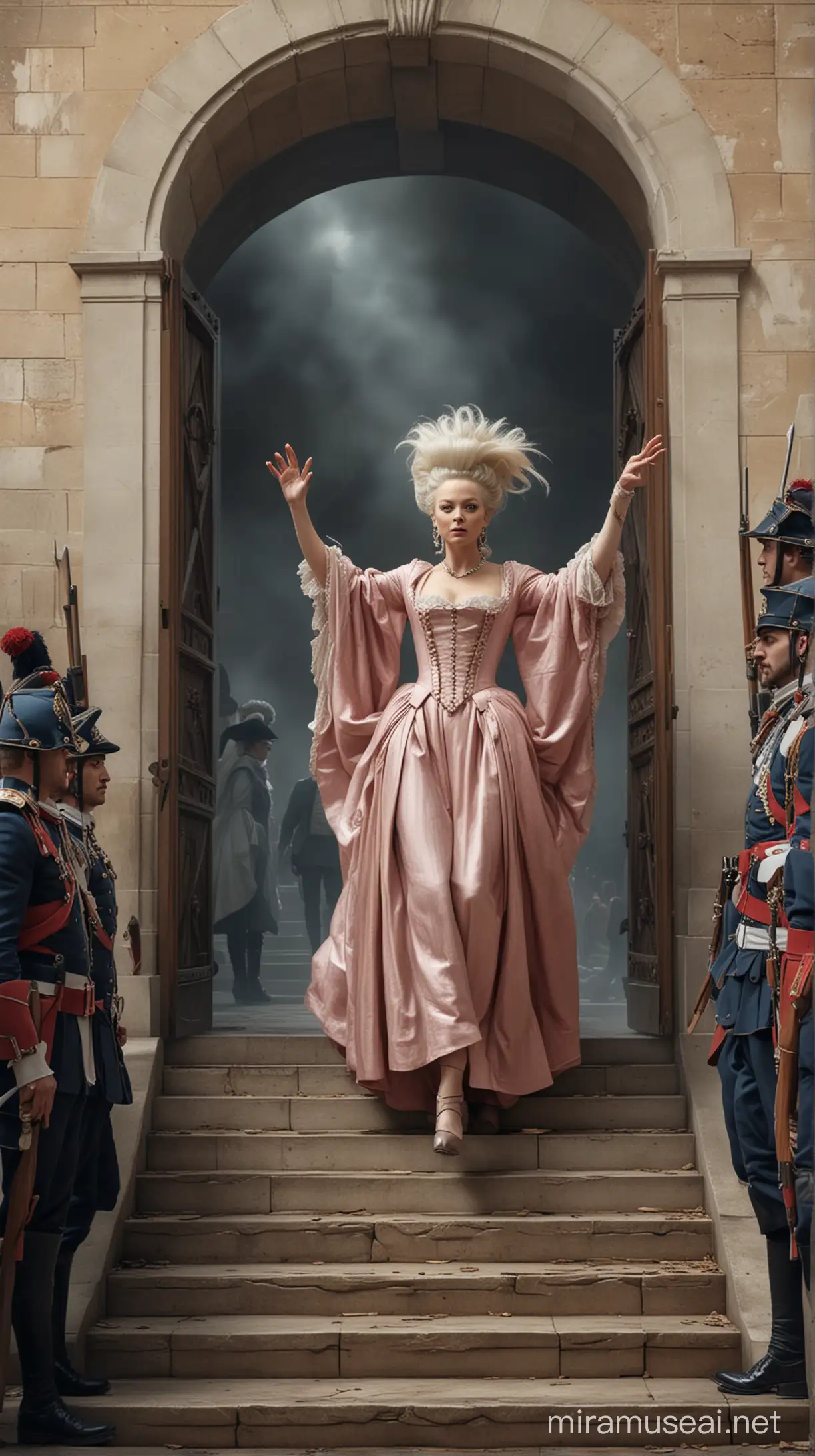 Marie Antoinette ascending the steps to the guillotine, surrounded by guards. hyper realistic