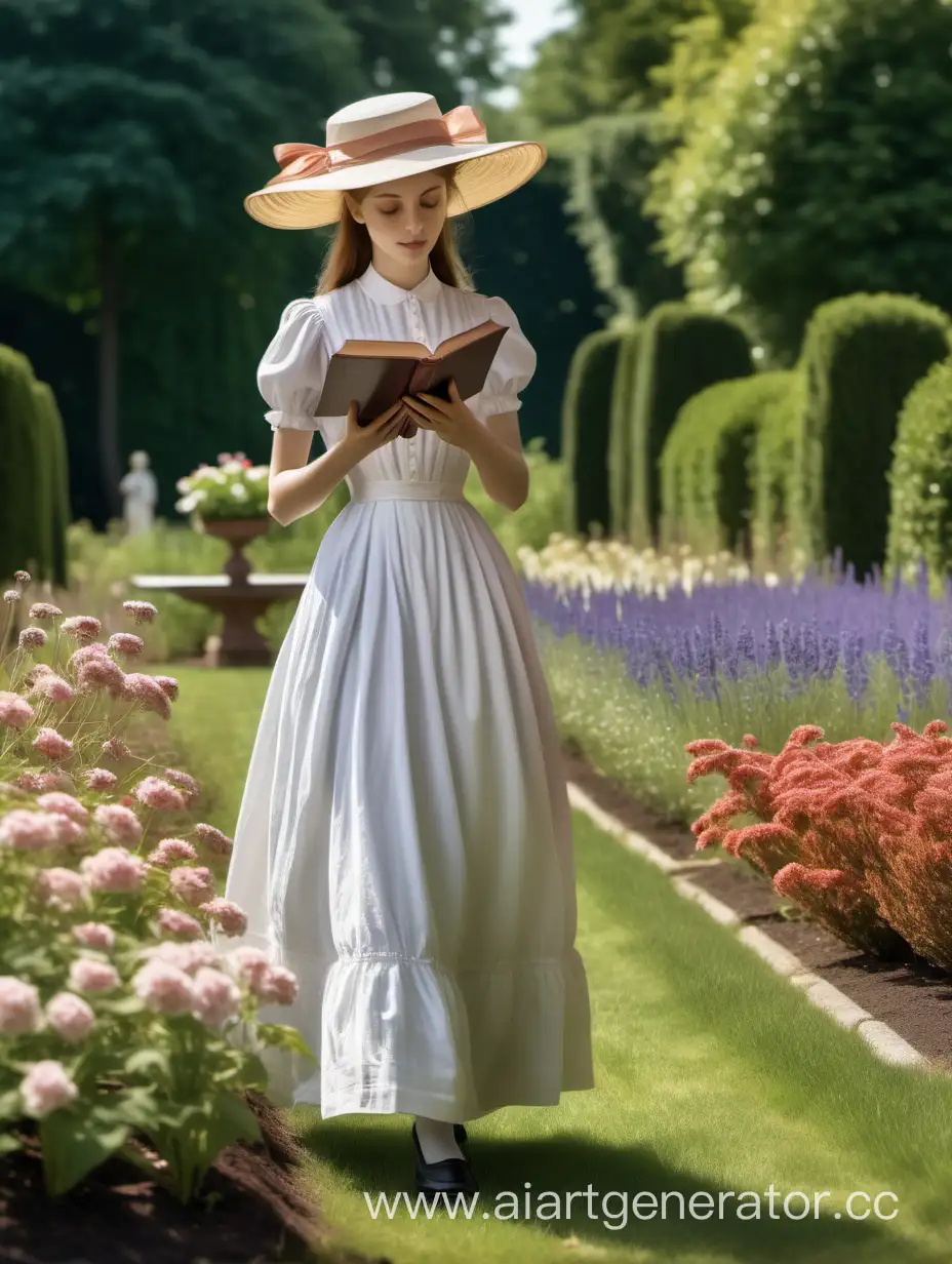 Франция, девятнадцатый век, по отдаленной части лужайки, за клумбой с низкими цветами прогуливается стройная молодая дама в белом платье и в изящной шляпке и с открытой книгой в руке, смотрит в книгу. Яркий солнечный день, полноцветное изображение, реалистичные детали
