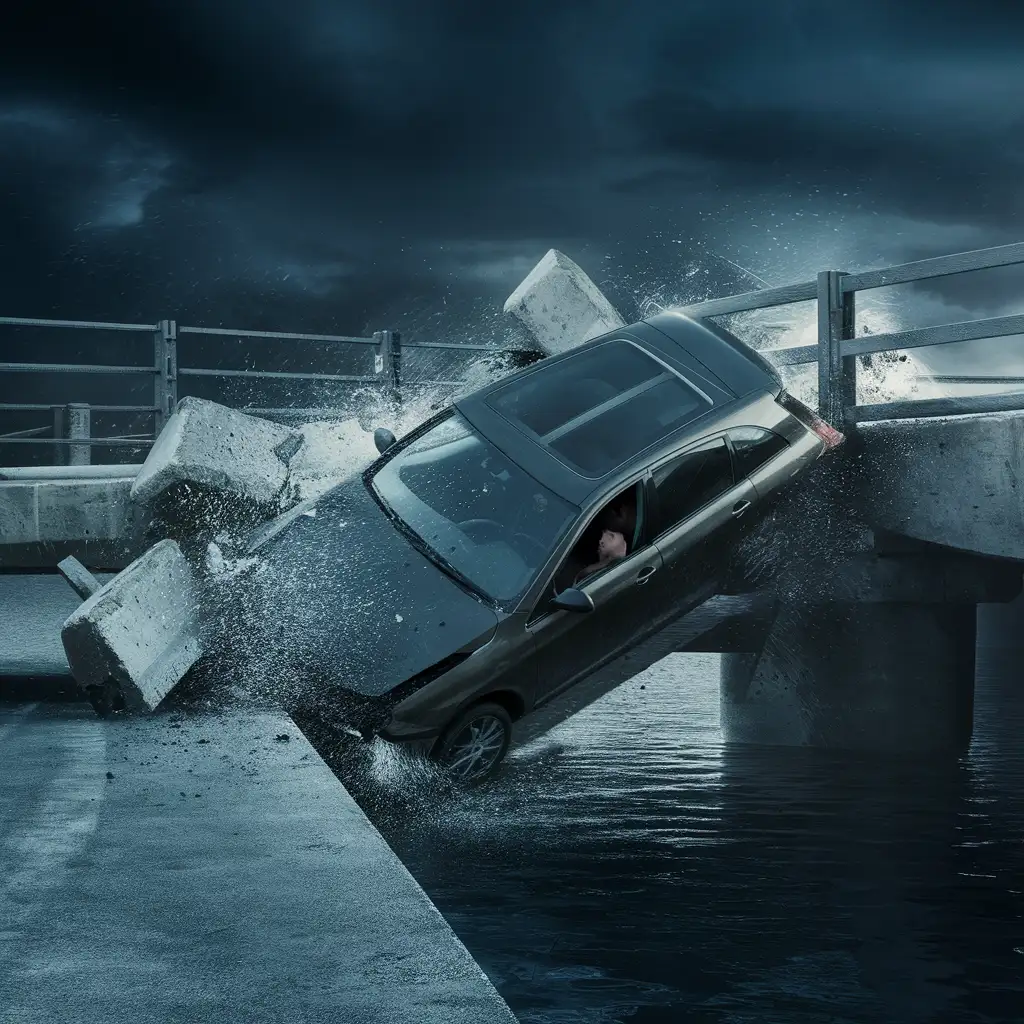 Внезапно, машина теряет управление и врезается в мост, разбивая его бетонные ограждения. В медленном движении автомобиль падает вниз, в воду, захватывая человека внутри