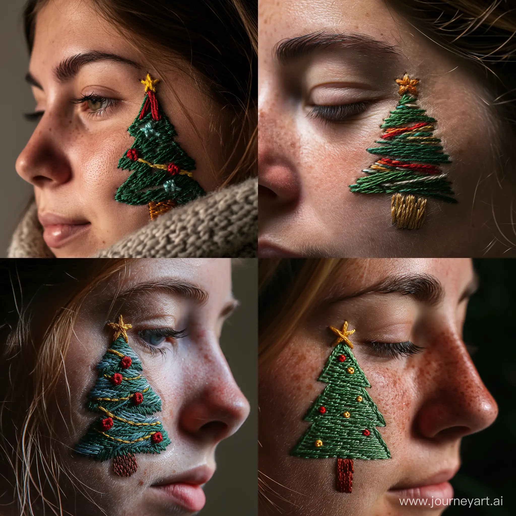 Festive-Christmas-Tree-Embroidery-Adorning-Womans-Face