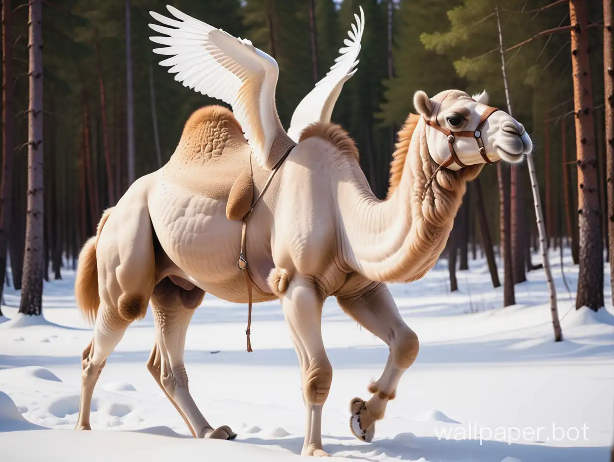 white camel with
wings in the taiga
