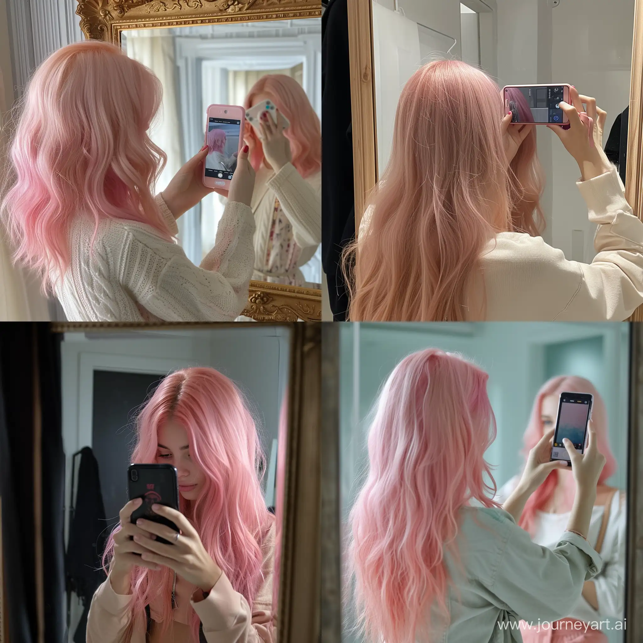 a girl with pink hair taking picture of her in the mirror with her phone