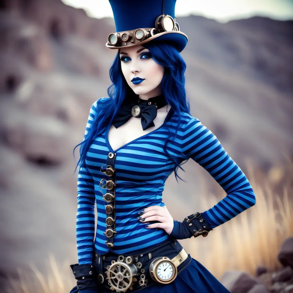 beautiful girl, navy blue pacific blue skintight horizontal striped steampunk costume, navy blue pacific blue skintight horizontal striped top hat, Utah, day