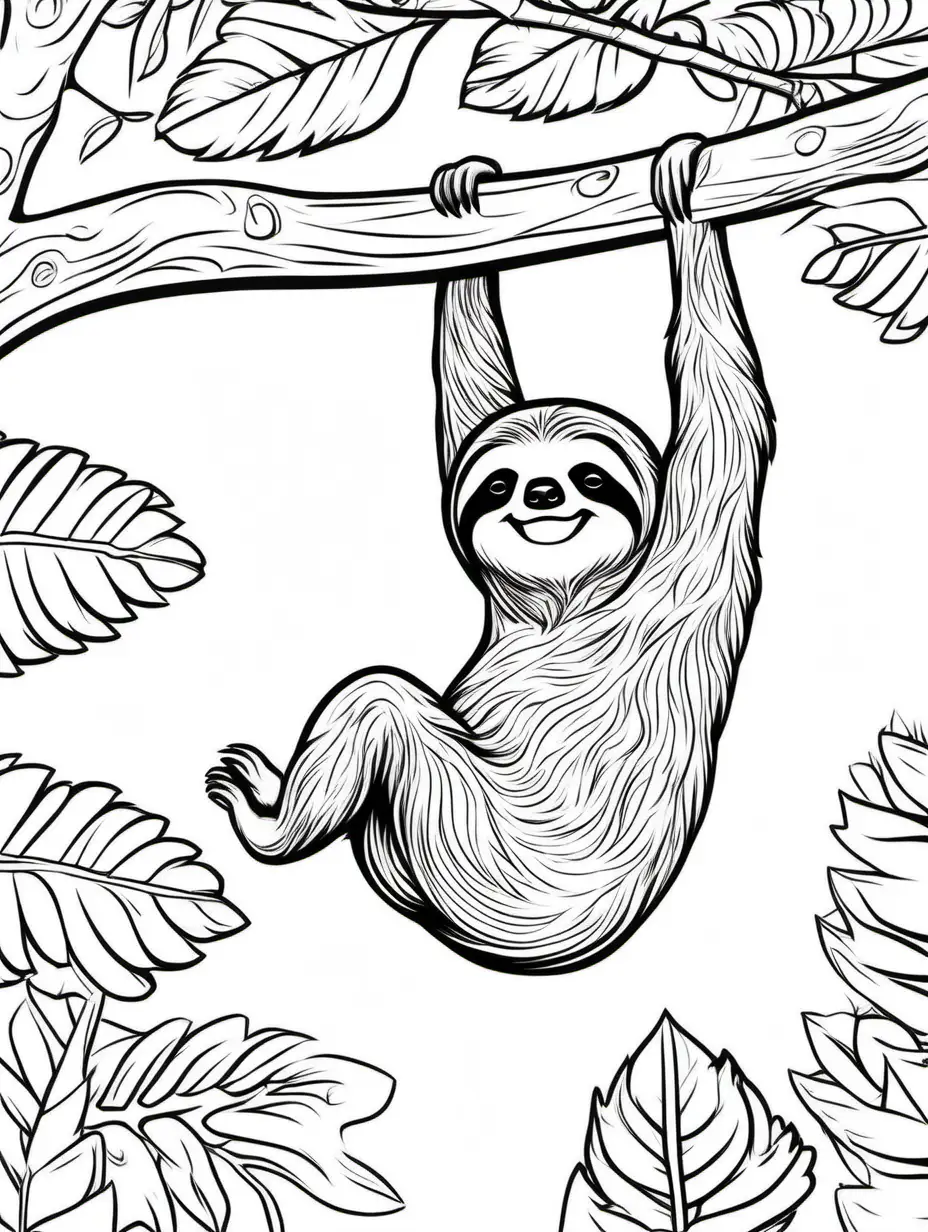Coloring book, cartoon drawing, clean black and white, single line, in center of aspect ratio 9:16, white background, cute sloth hanging upside down from a tree branch.