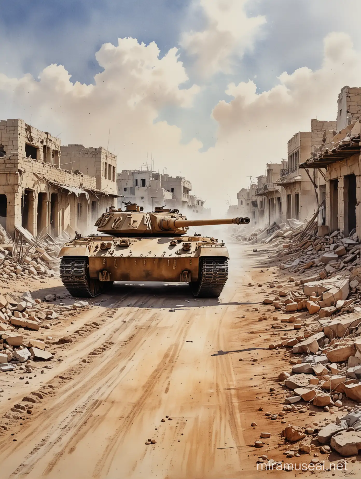 Watercolor Painting Tank Moving Through Ruined Houses of Gaza