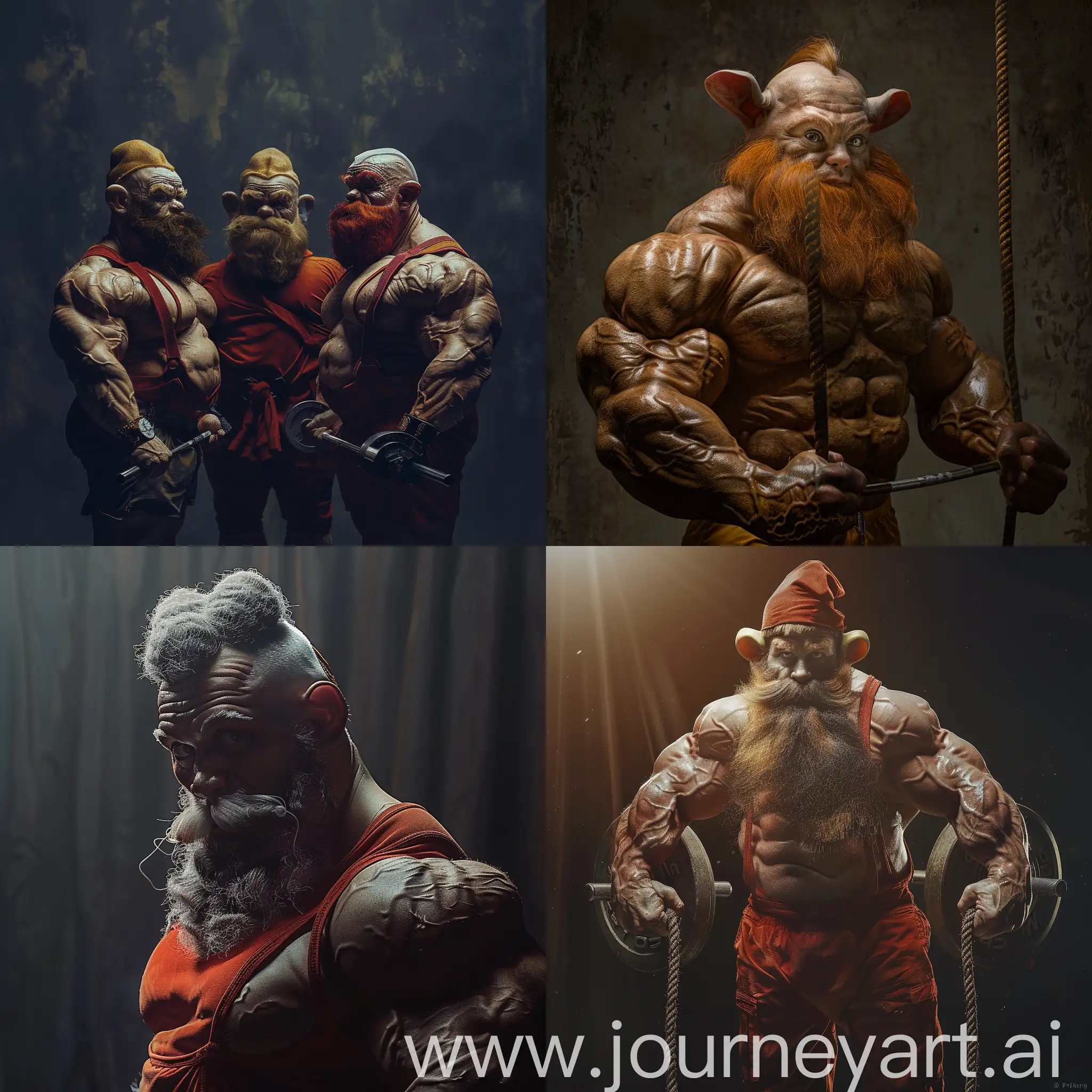 Teletubbies, beard as powerlifters, bodybuilders, brutally, evil, strong, professional photo, ultra realism, cinematic light --v 6