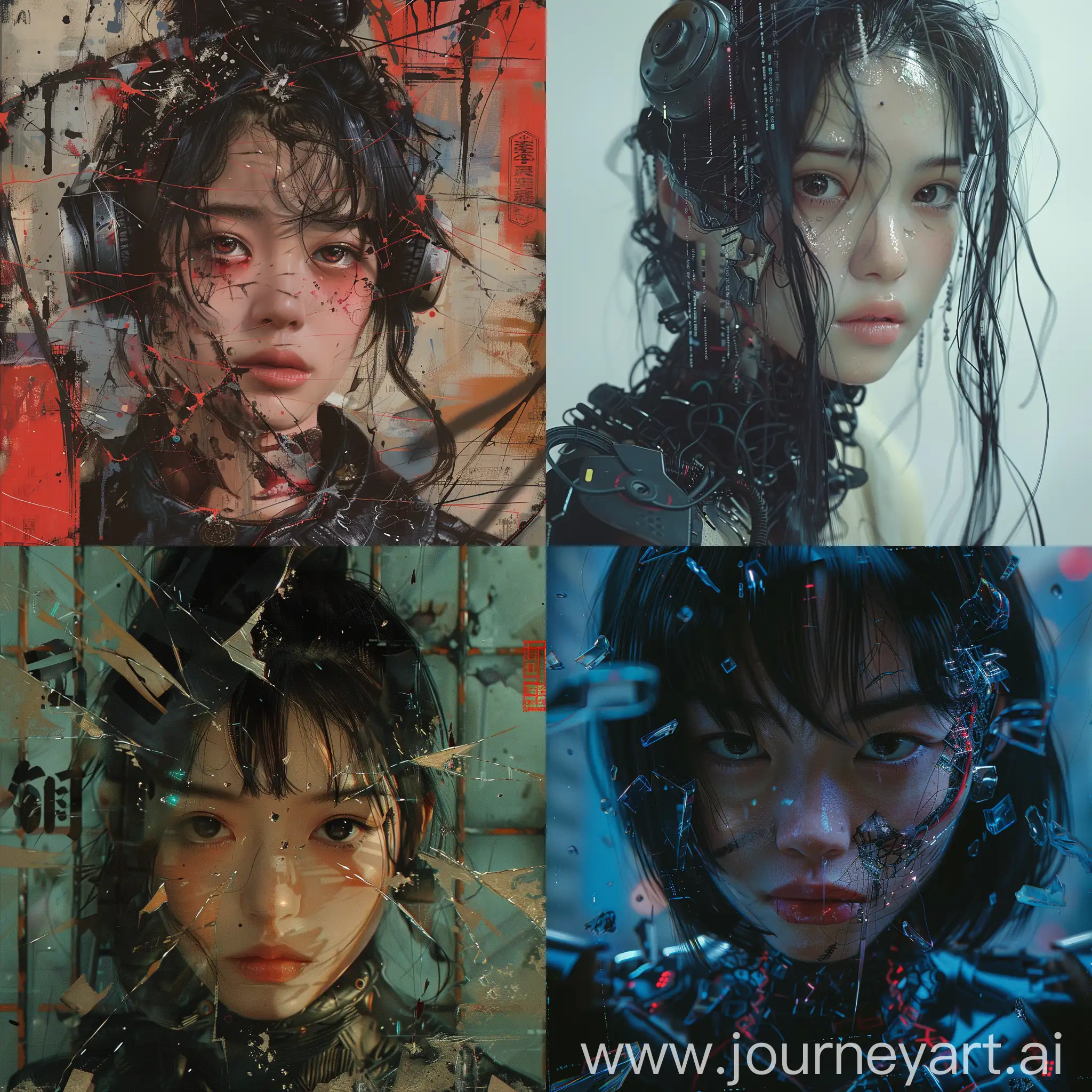 A thrilling portrait of asian girl around breaking downs warld powerful action, intense emotion, captivating details, Traditional aesthetics blend with cyberpunk elements