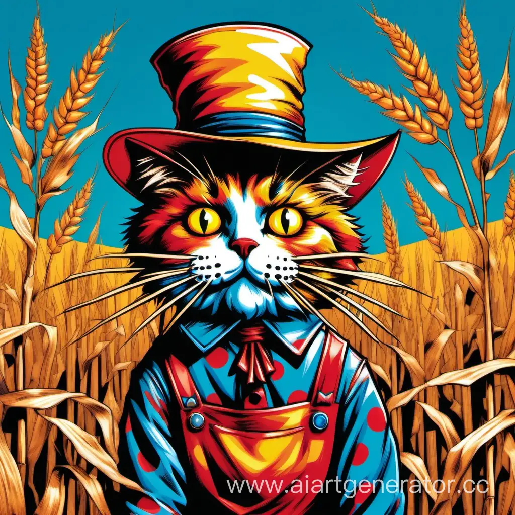 A Pop Art scarecrow cat, half feline, half cornstalk, explodes with a vibrant color palette, contrasting authentic rustic charm with modern artistic flare.