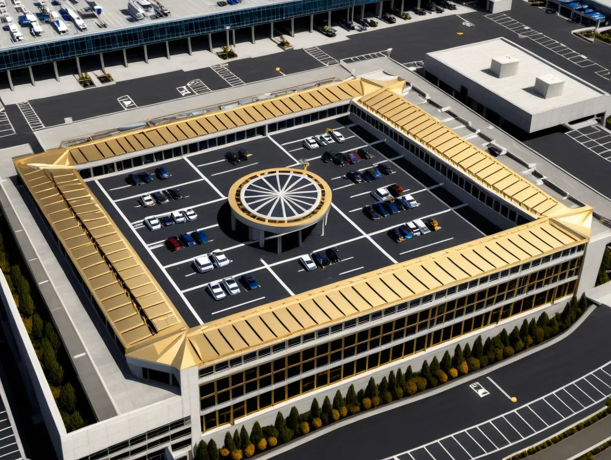 luxury wide rooftop parking lot. Sea-Tac's airport single-roof parking structure. gold and black marble surface. very intricately and microscopically detailed.