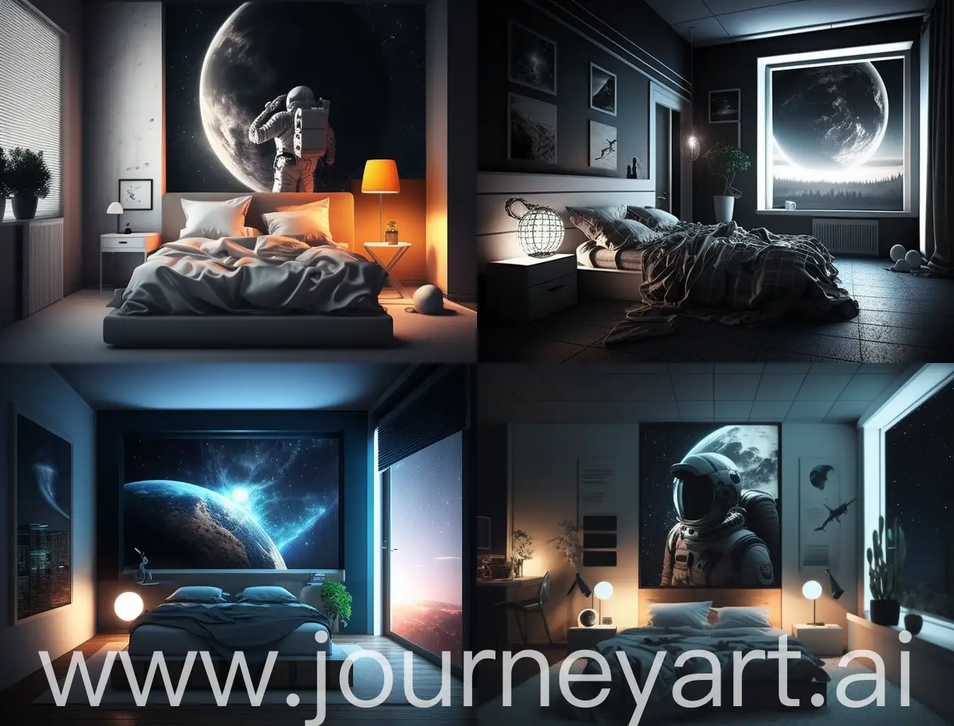 space themed night time modern bedroom