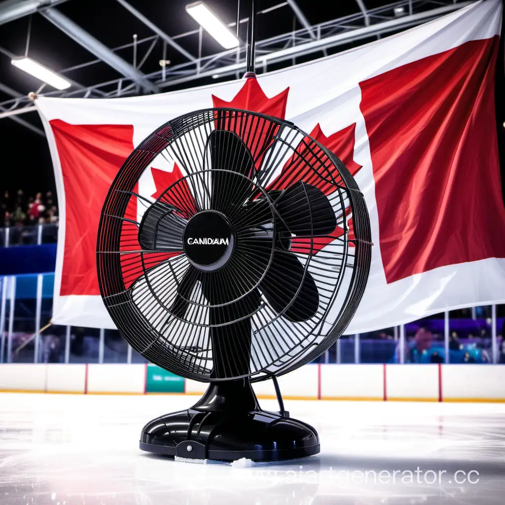 Huge electric stand fan on the ice rink with big Canadian flag in the background 