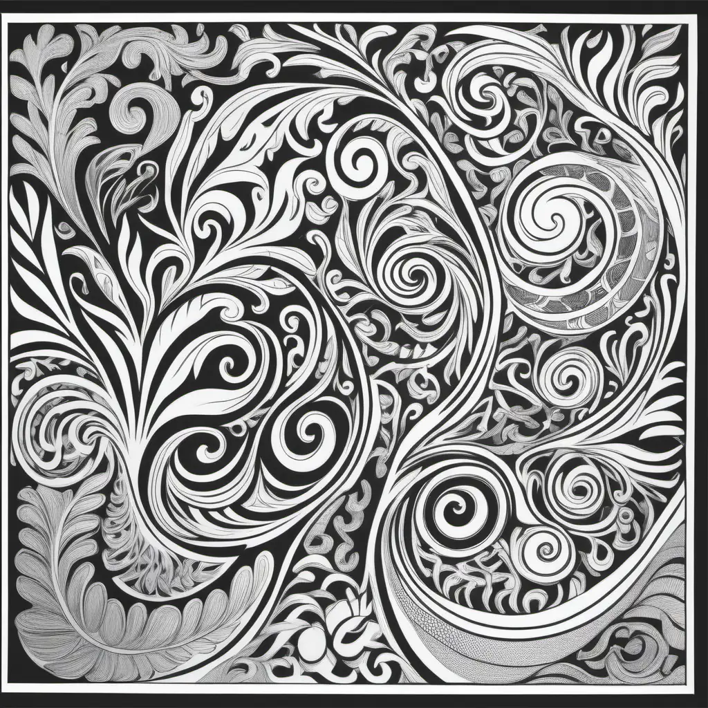 adult coloring book, black and white.  Illustrated, dark lined, no shading. Design a coloring page featuring swirling patterns and vibrant colors in the style of Henri Matisse's fauvism.