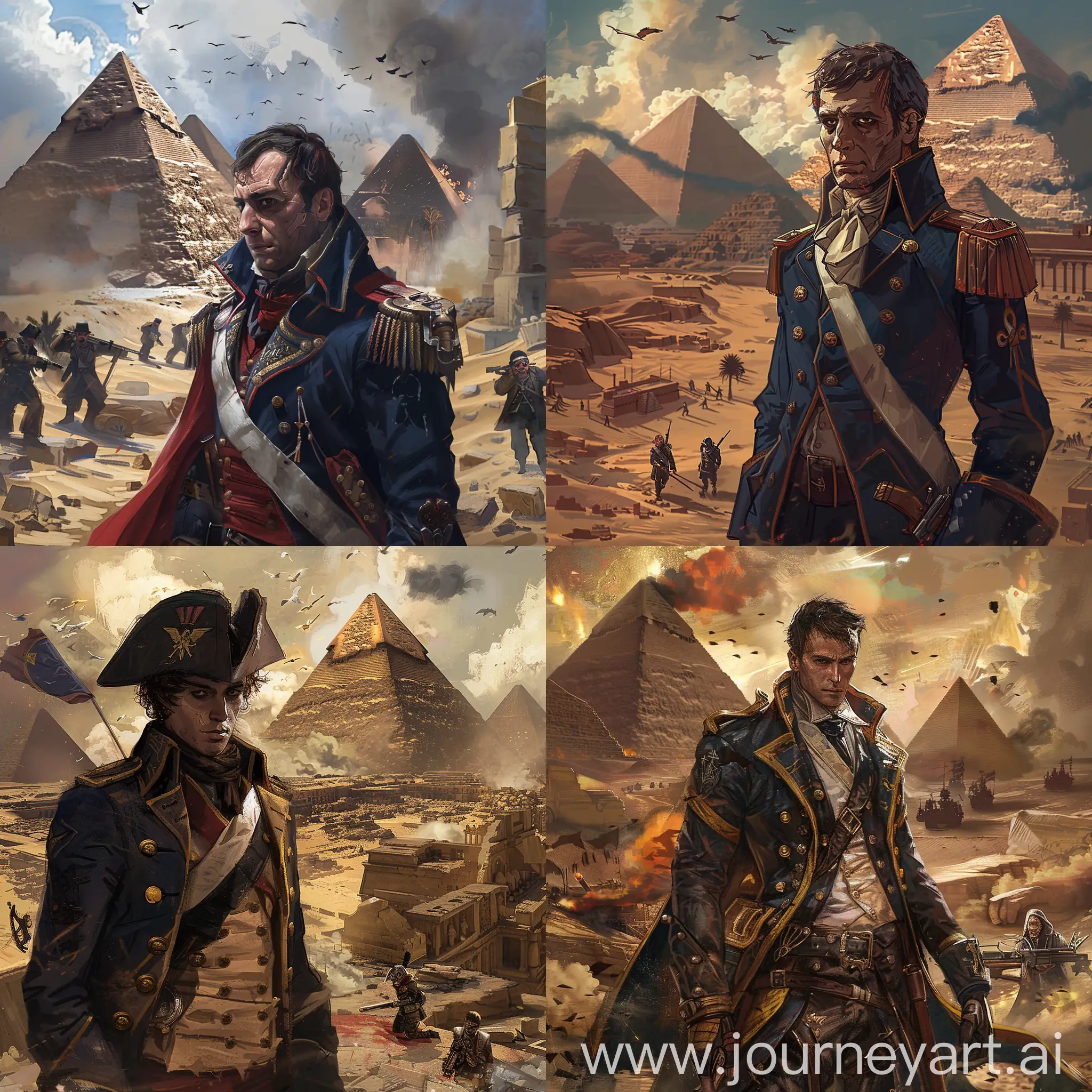 Napoleon Bonaparte, in a steampunk world, where the pyramids of Egypt and psycho's from Borderlands 2 can be seen in de background. Generated in the art-style of the video game Dishonored. 