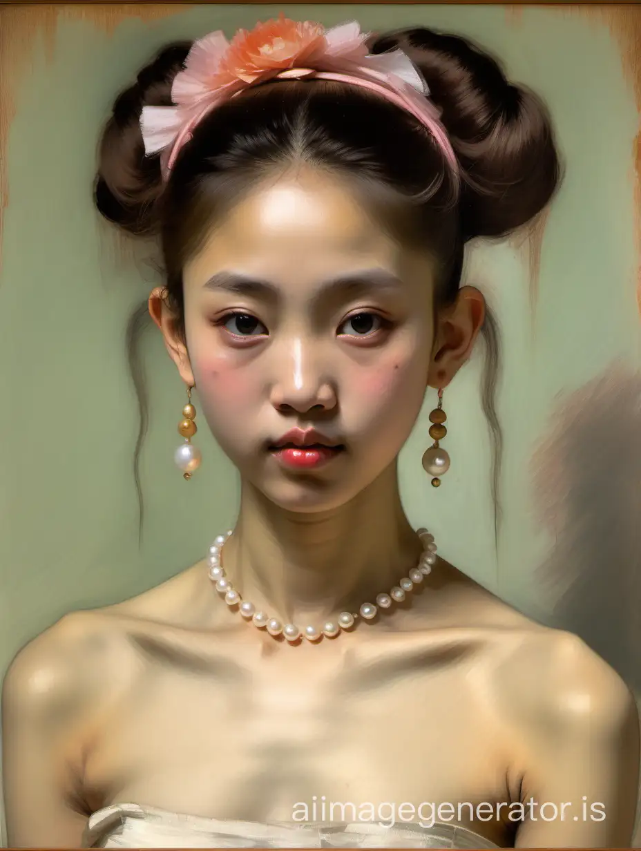 Degas detailed oil painting of big-busted, very beautiful skinny nude Vietnamese princess, pearl earrings, with underarm hair, with thick eyebrows, looking straight, front view, very cute face, rosy cheeks, digital art
