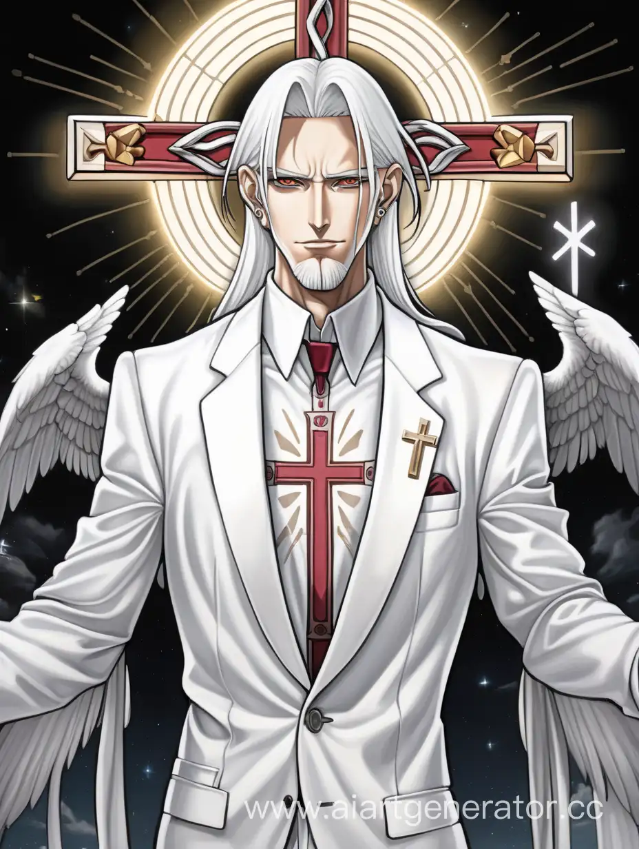 anime guy angel, with very milky white hair, a shining halo above his head, an earring in the shape of a cross in his ear, wearing a white business suit, full-length tattoos of the crucified Jesus from icons on his neck and arms
