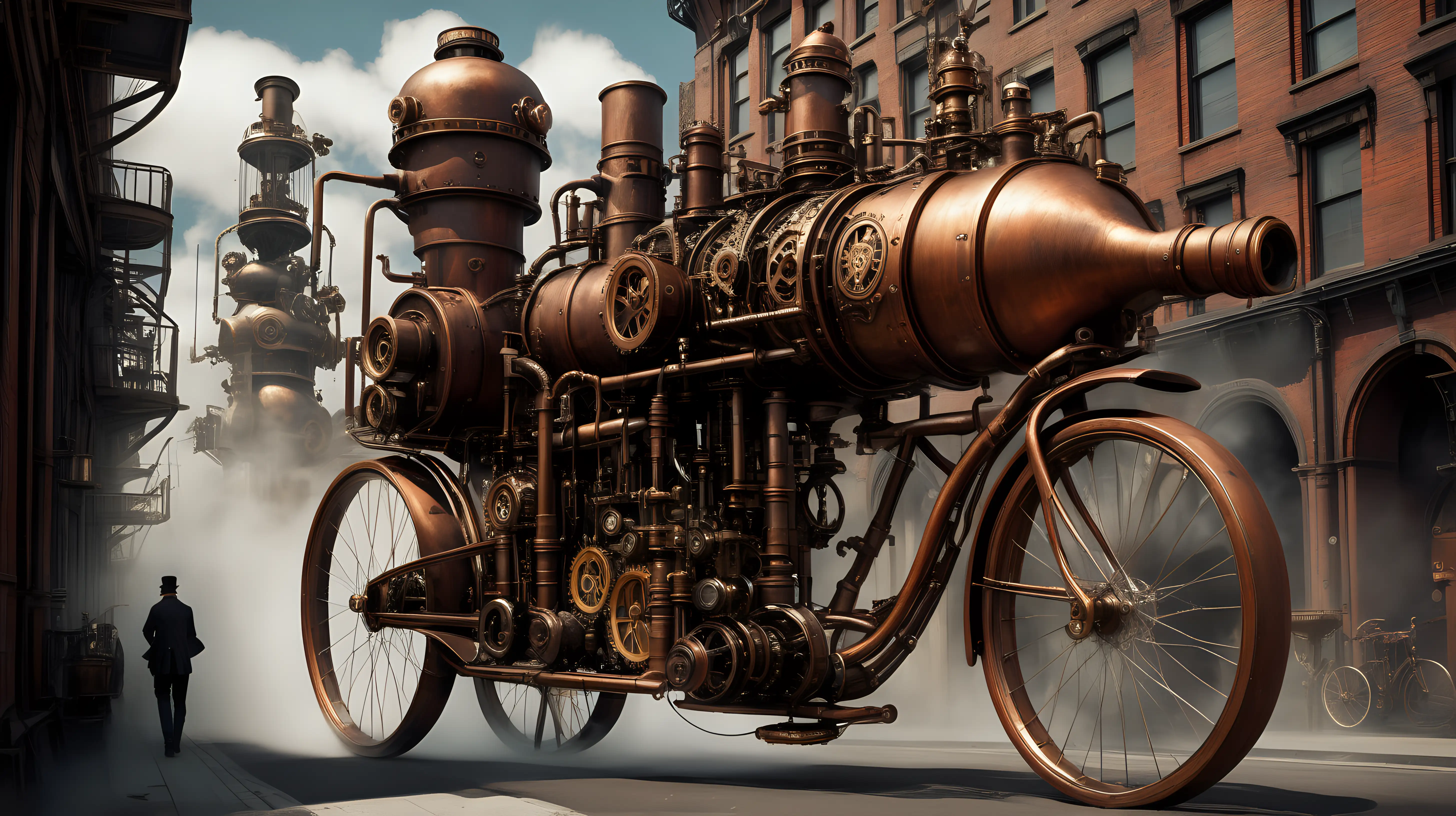 Steampunk bycicle steam engine city