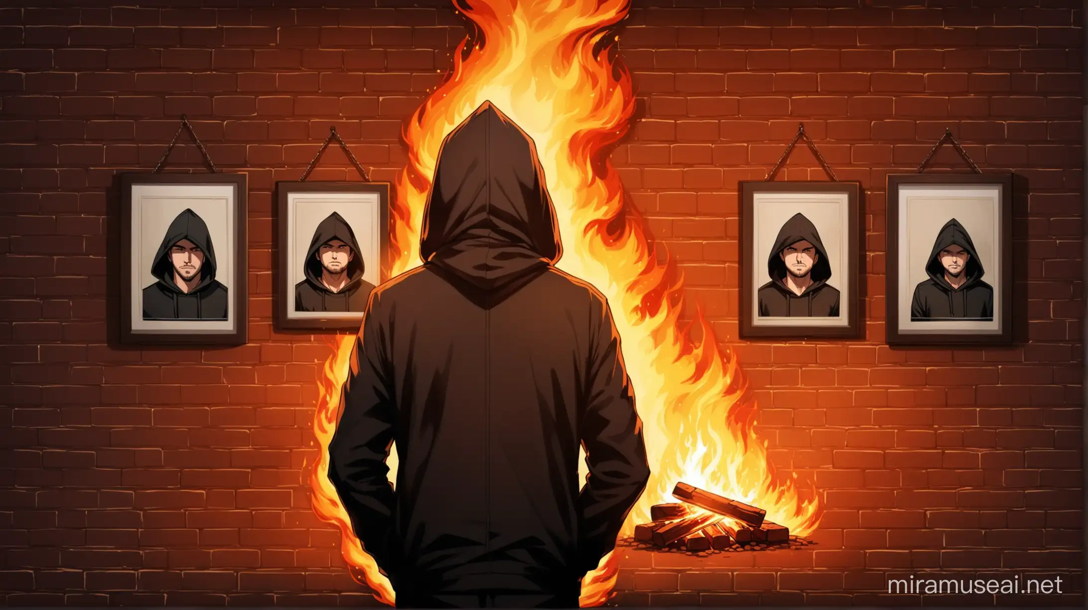 brick wall with framed images hanging on it and on each image there is a man wearing a hood. fire is burning in front of the wall