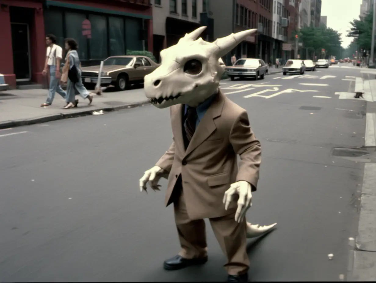 1985, vhs still, cubone in real life, he is on a city street, people
